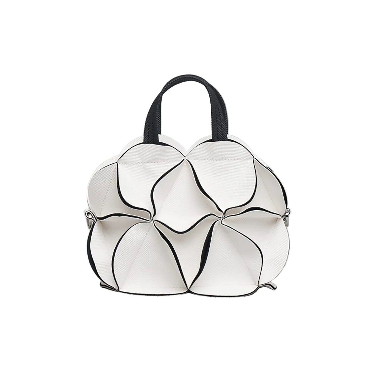 White with black detailed handbag with unique origami floral shapes on a white background
