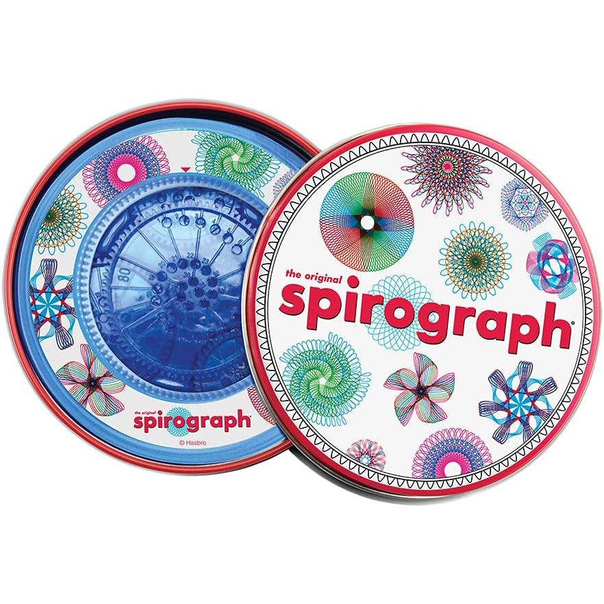 Two Spirograph design kits with colorful patterns on a white background
