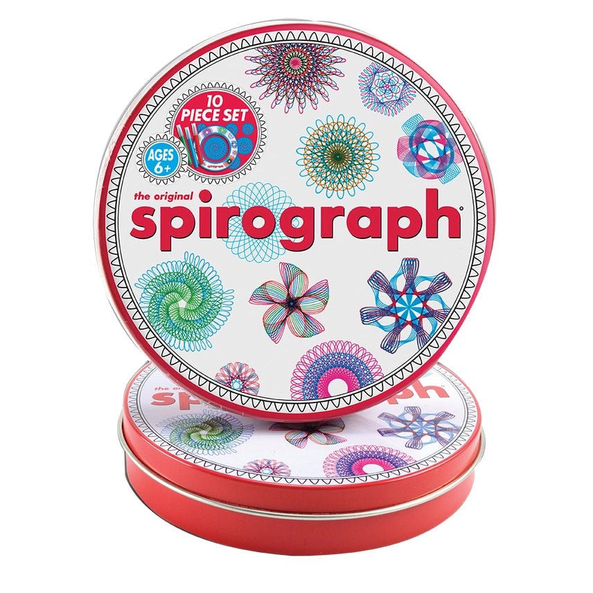 Spirograph toy set packaging with colorful designs on a white background