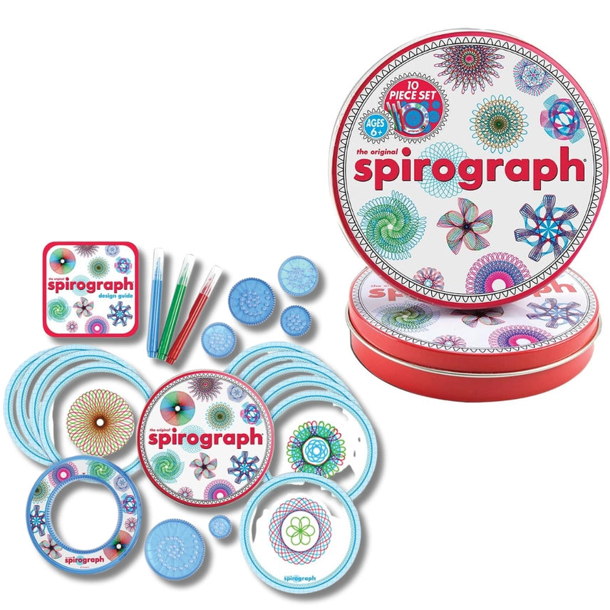 Spirograph design set with colorful components and red storage tin on a white background