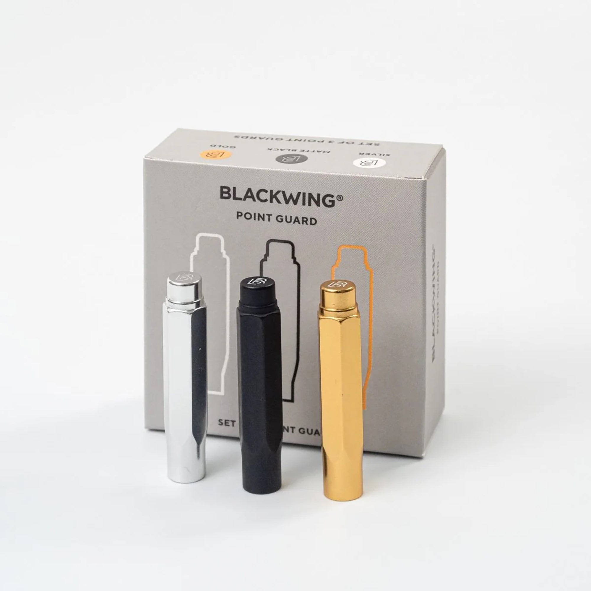 Three metallic pencil guards with Blackwing brand logos on a white background