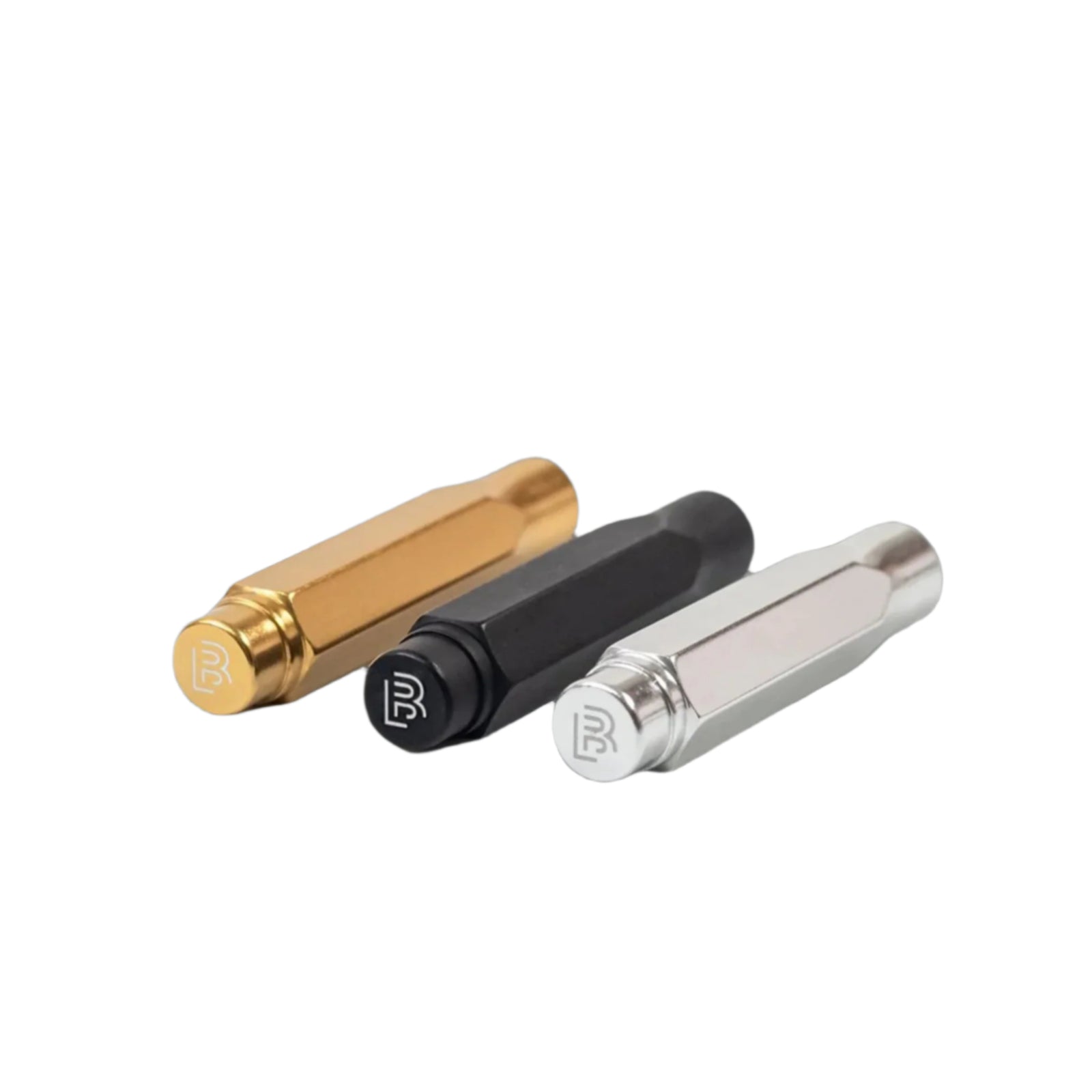 Three metallic pencil guards with Blackwing brand logos on a white background
