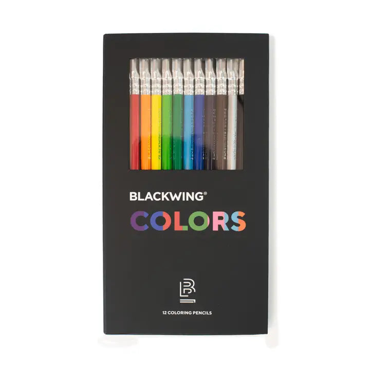 Blackwing Colors coloring pencils set with rainbow-colored pencils inside a black box on a white background