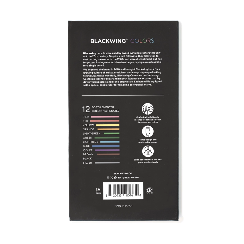 Back of a Blackwing Colors packaging with text and color swatches.