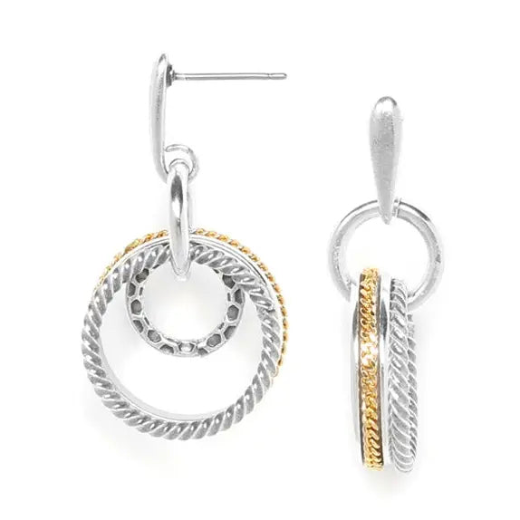 Pair of silver and gold hoop earrings on a white background
