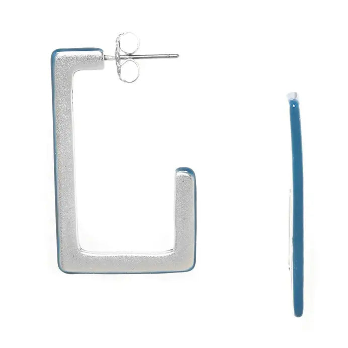 Silver square hoop earrings on a white background