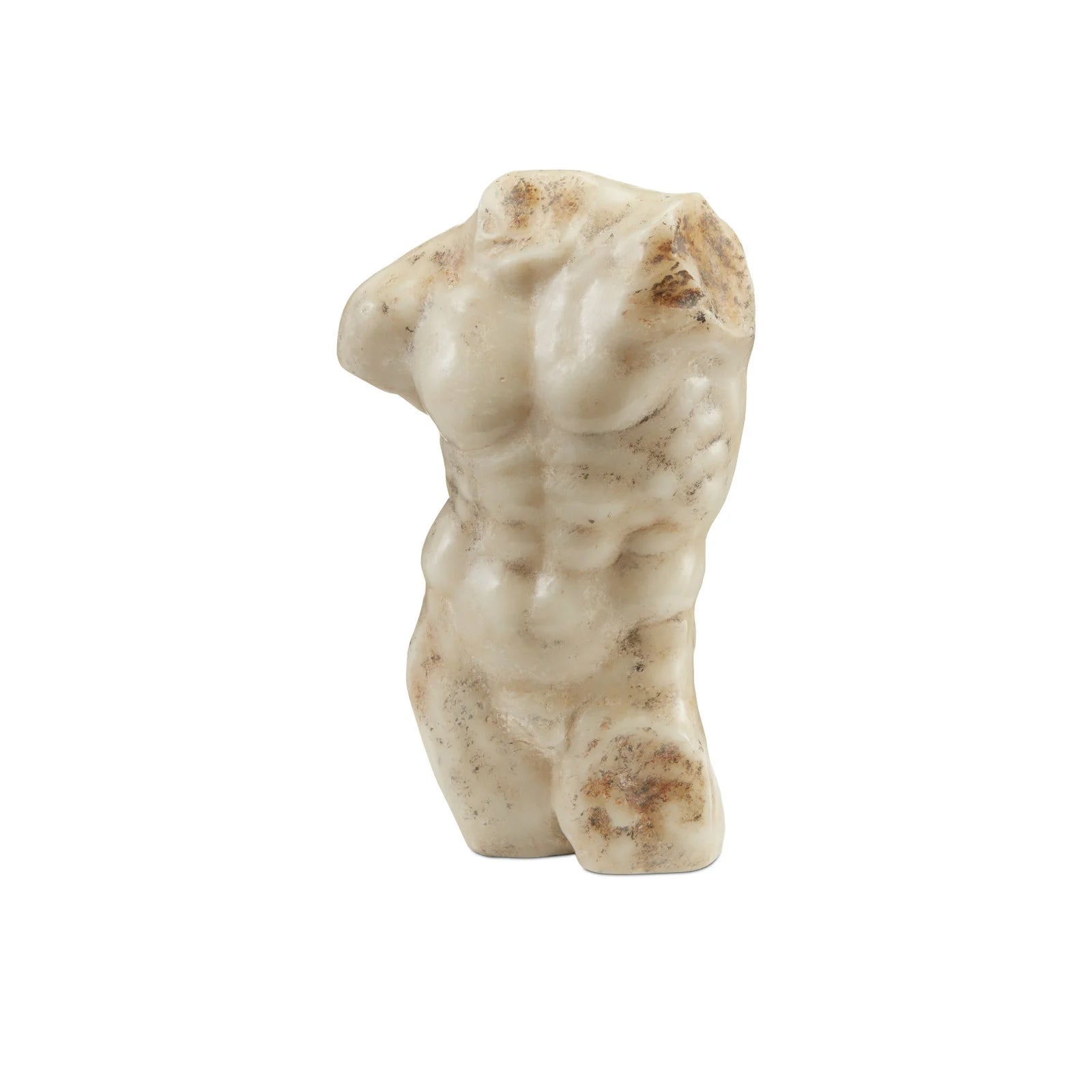 Carved stone figure of a torso on a white background