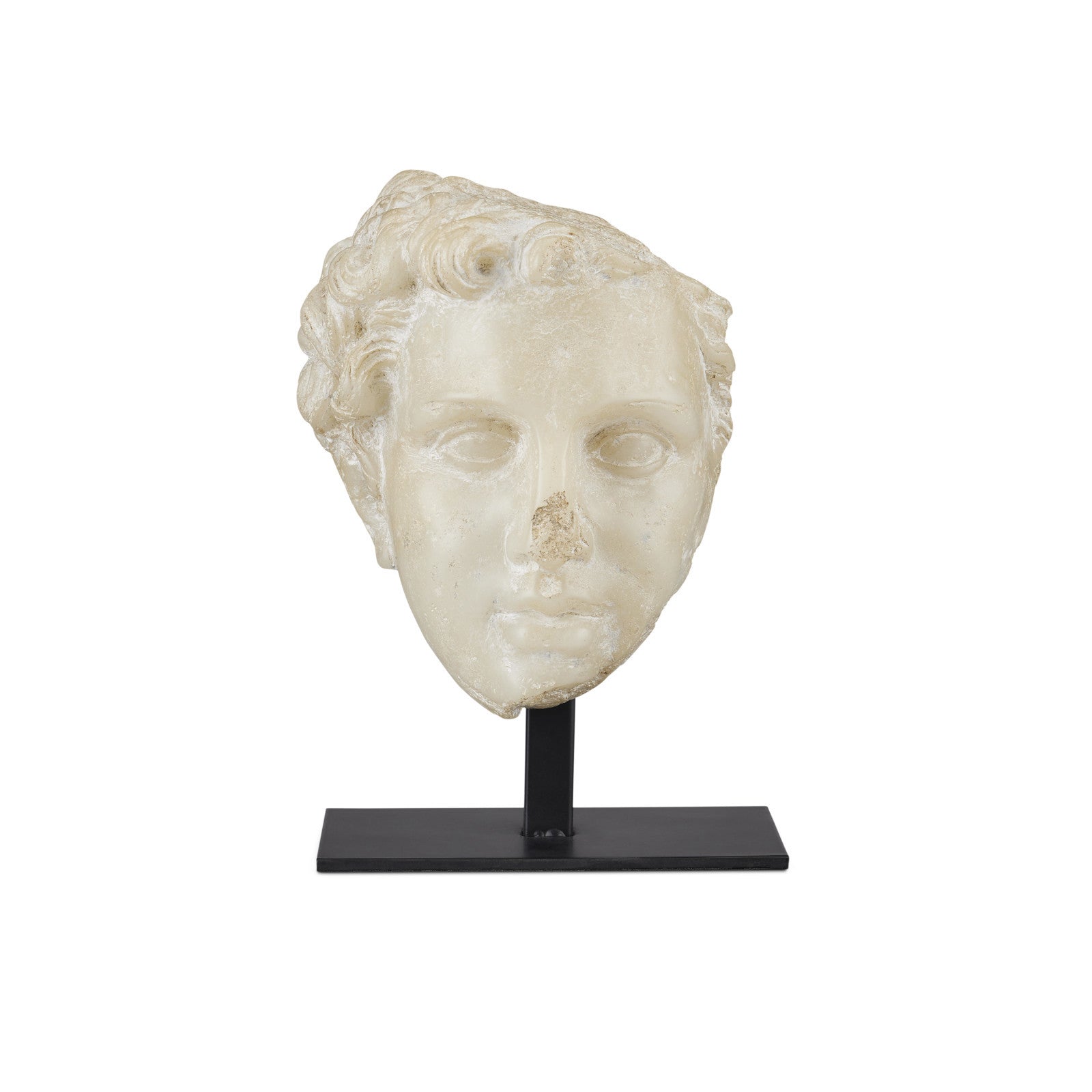 Marble sculpture of a head on a black stand against a white background