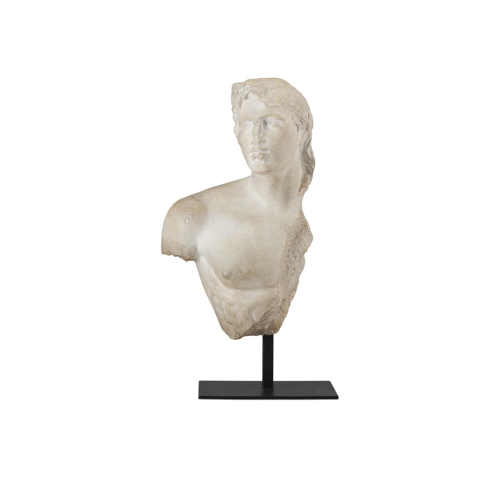 Marble bust on a black stand against a white background