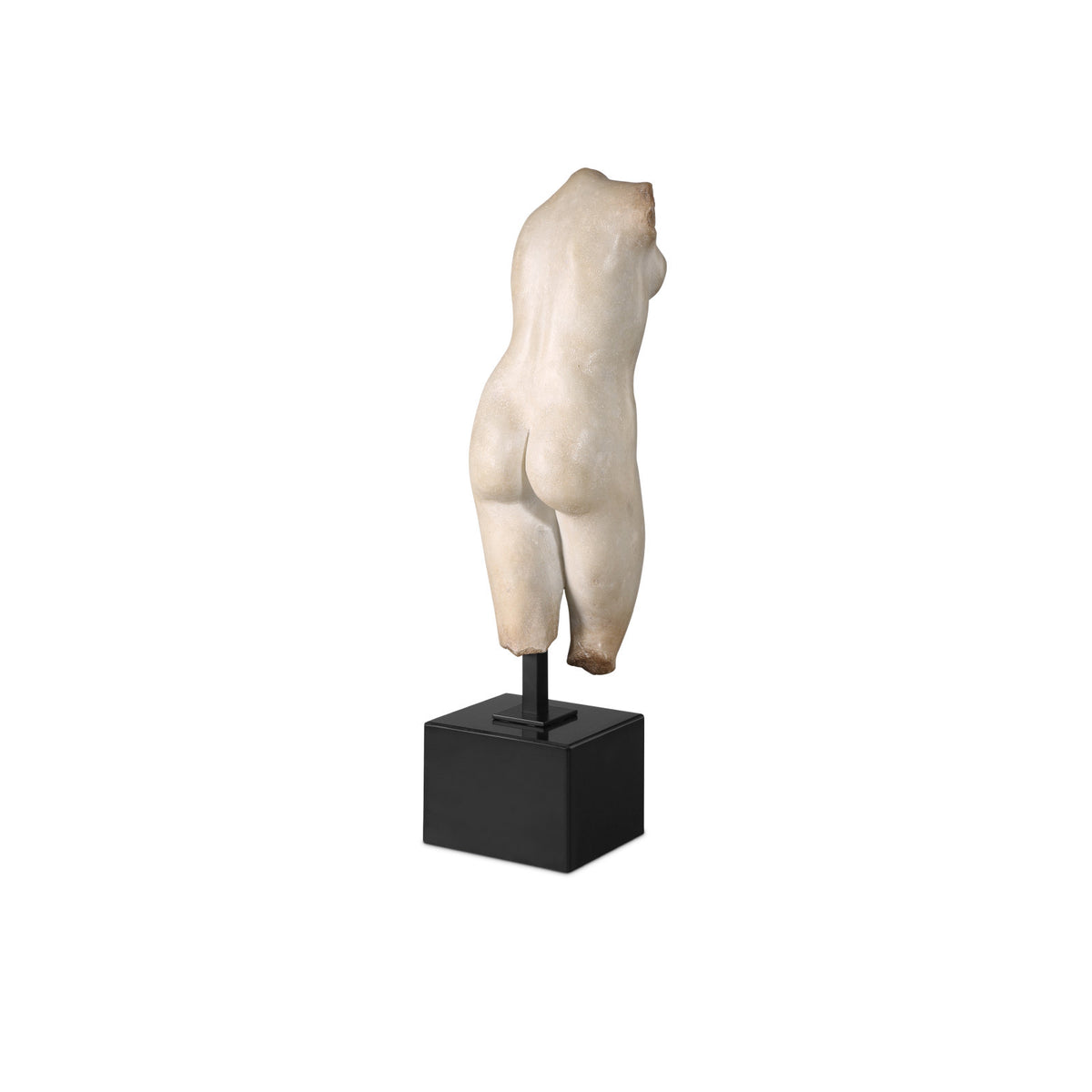 Marble sculpture of a female torso on a black base against a white background