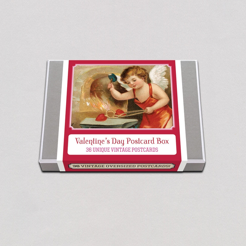 Valentine's Day postcard box with vintage design on a gray background