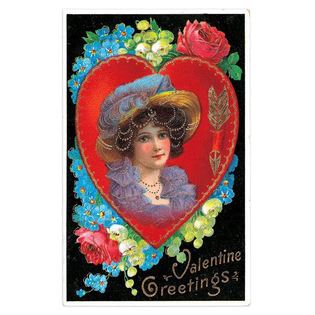 Vintage Valentine's Day card with a woman's portrait in a heart surrounded by flowers and text.