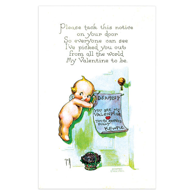 Valentine's Day card with a cherub holding a sign and text on a white background