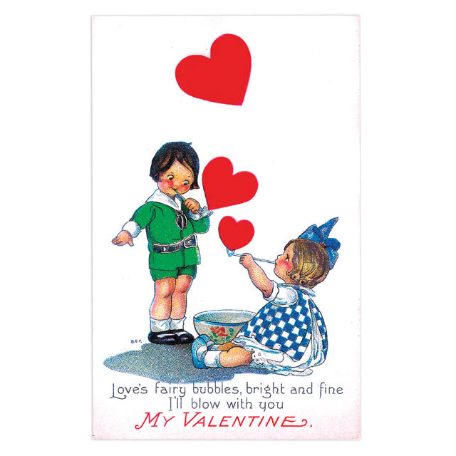Vintage-style Valentine's Day card with two children and red hearts.