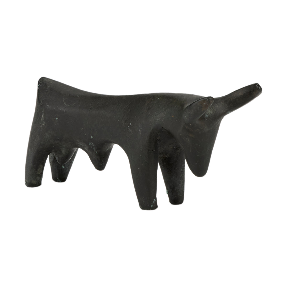 Black  sculpture of a stylized bull on a white background