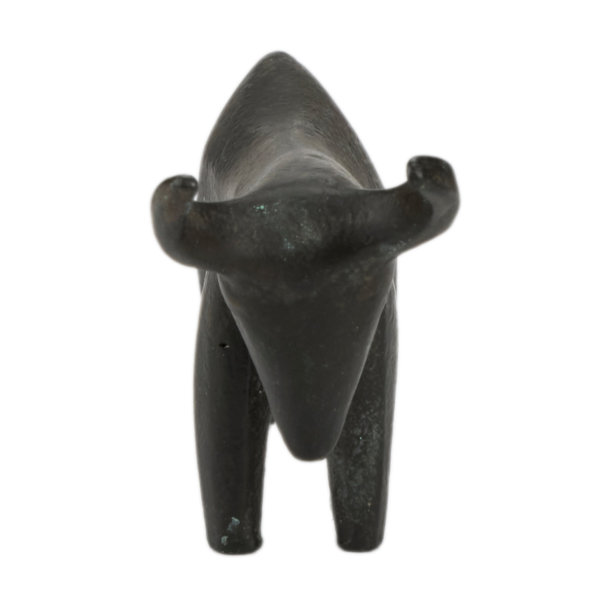 Black sculpture of an abstract bull on a white background