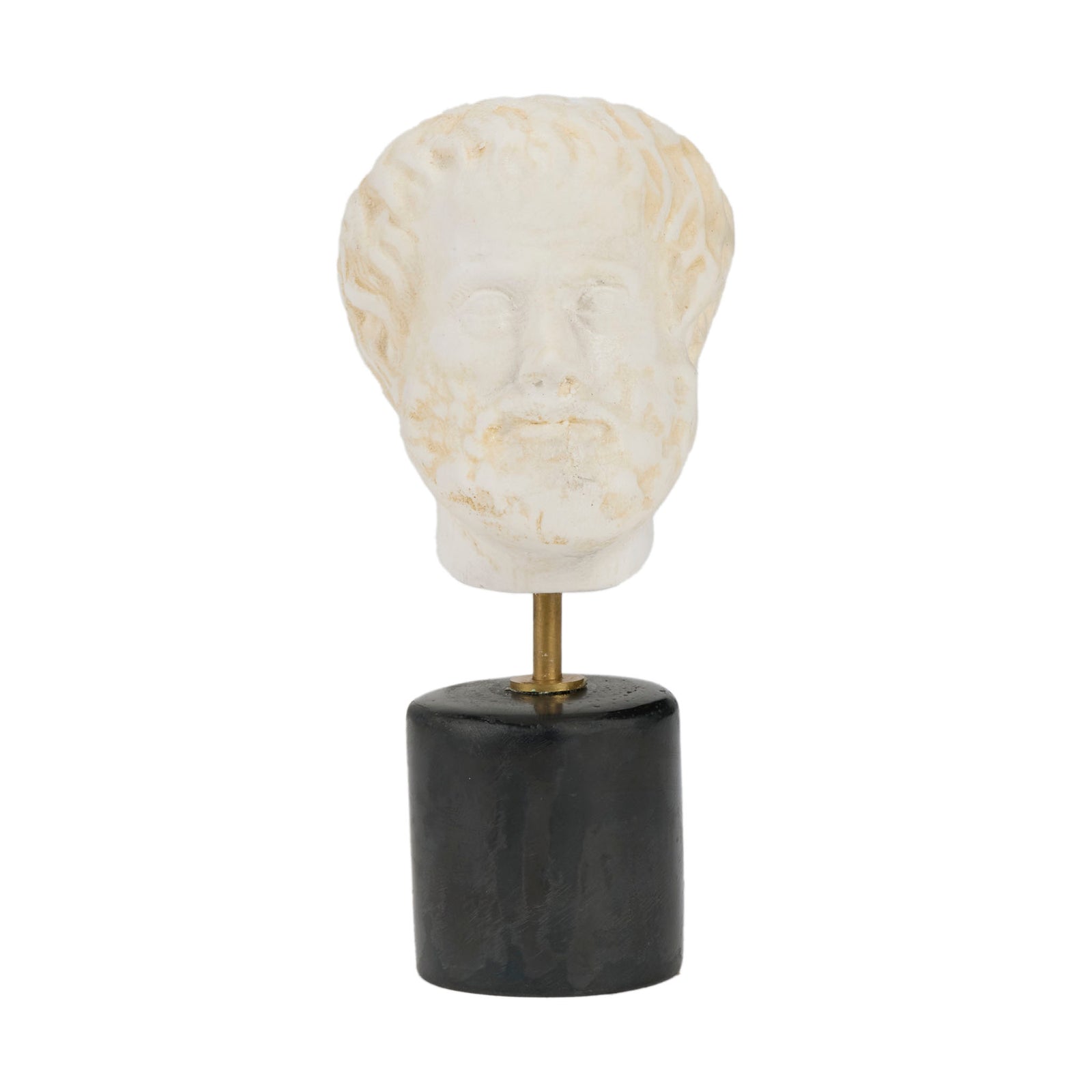 Decorative sculpture of a head on a black cylindrical base with a white background