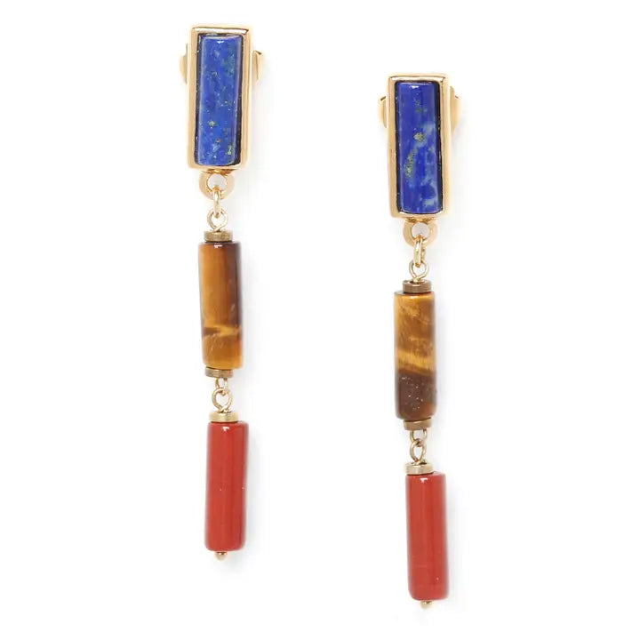 Pair of earrings with blue, brown, and red stones on a white background