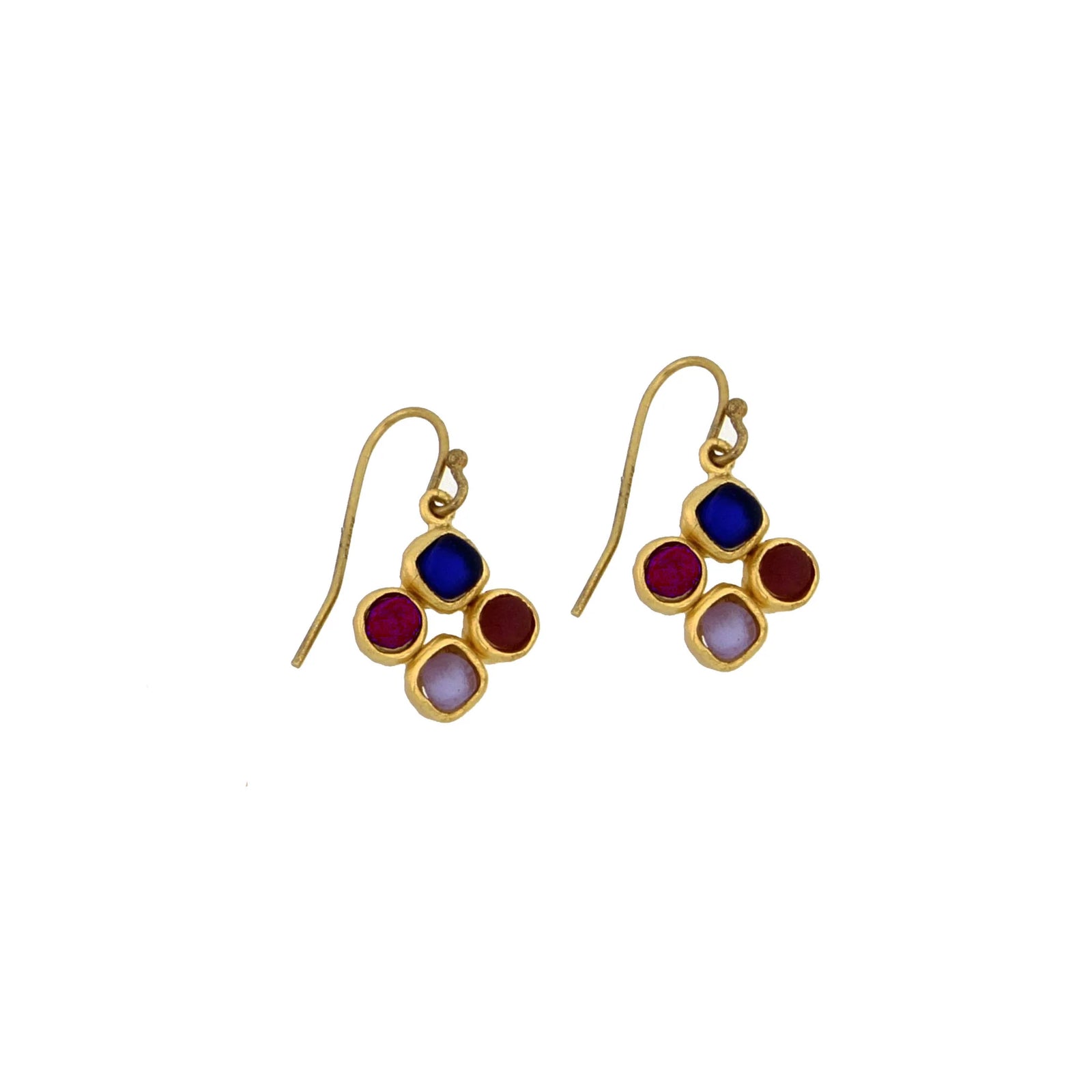 Pair of gold earrings with colorful gemstones on a white background