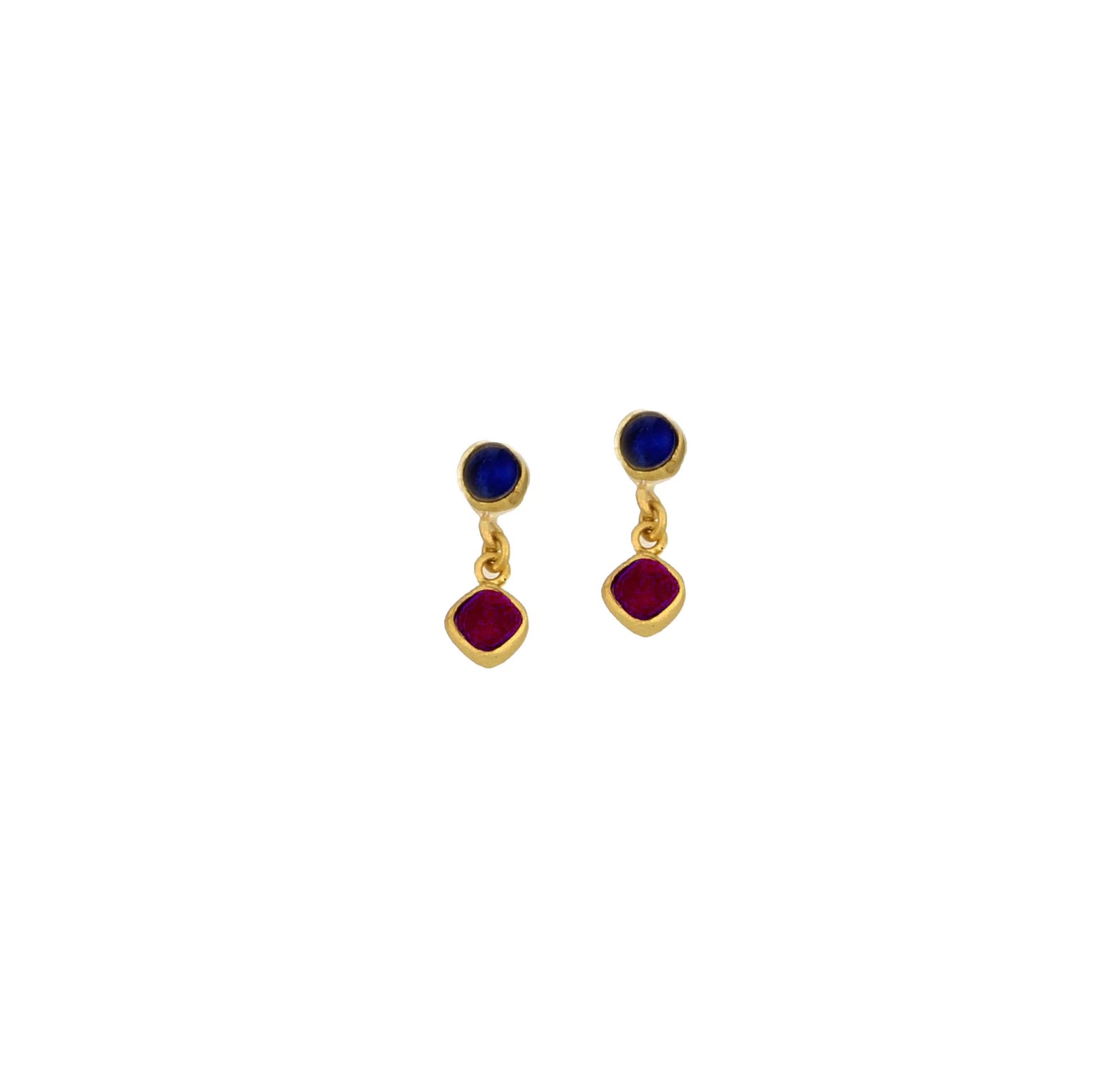 Pair of gold earrings with blue and red stones on a white background