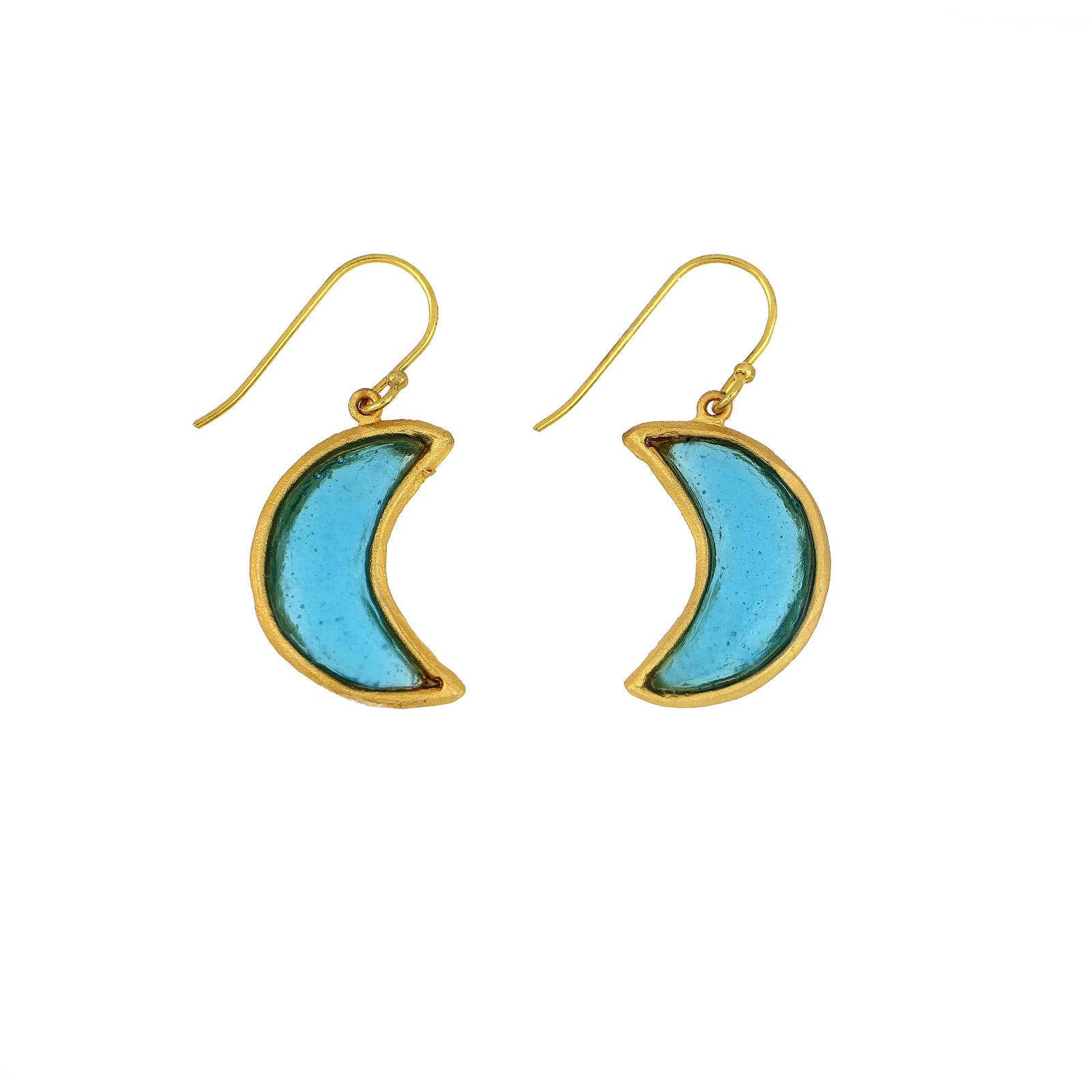 Crescent moon-shaped earrings with gold frames and turquoise centers on a white background