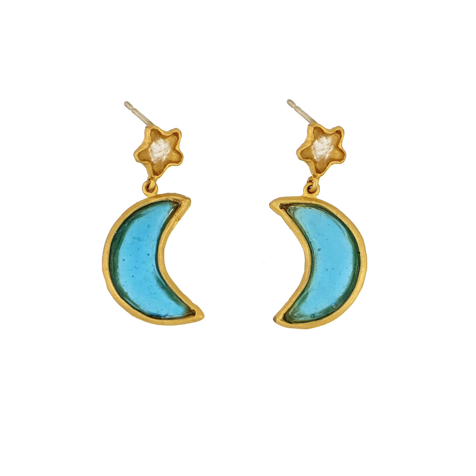 Gold earrings with turquoise crescent moon designs on a white background