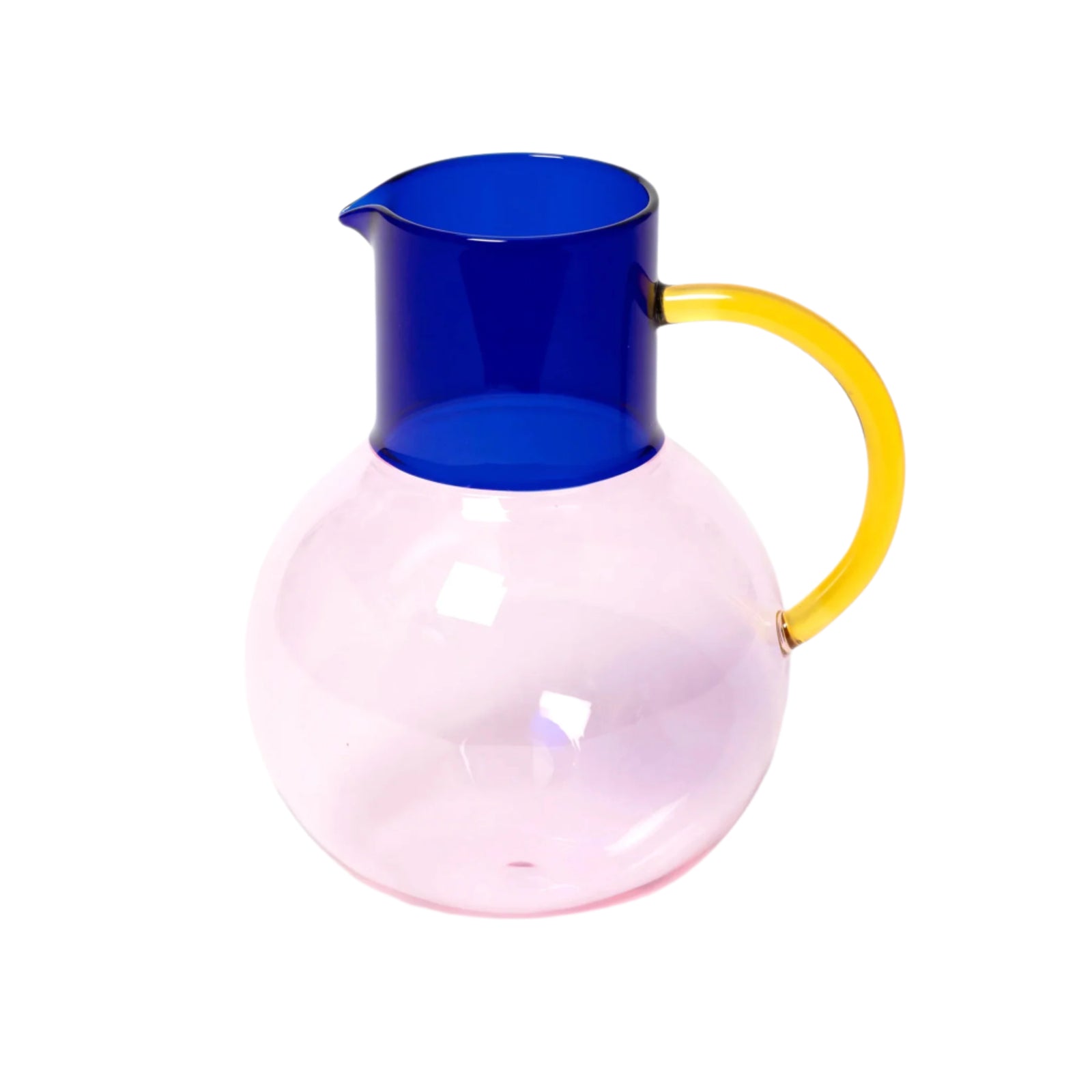 Colorful glass pitcher with blue top, pink base and yellow handle on a white background