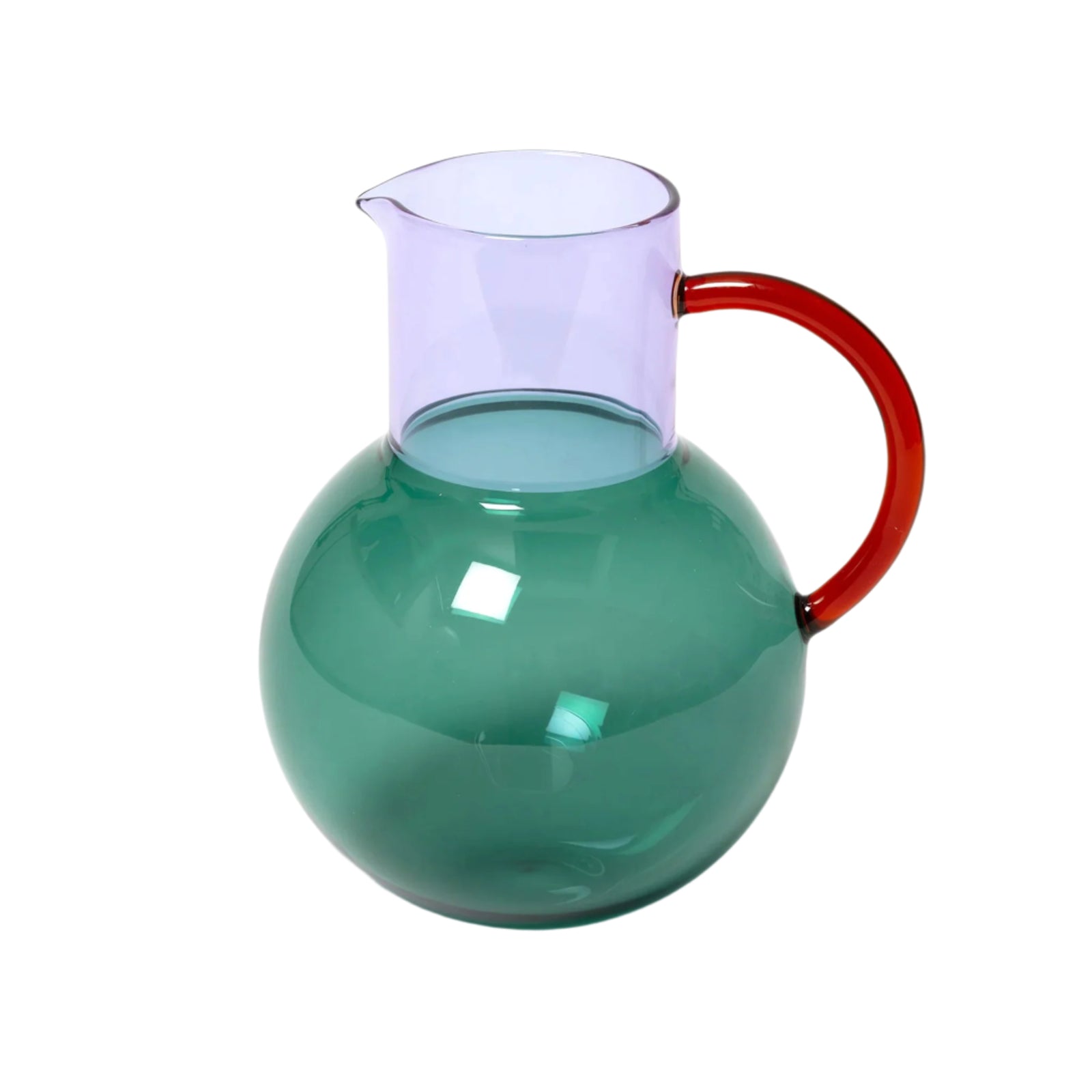 Purple and green glass pitcher with a red handle on a white background