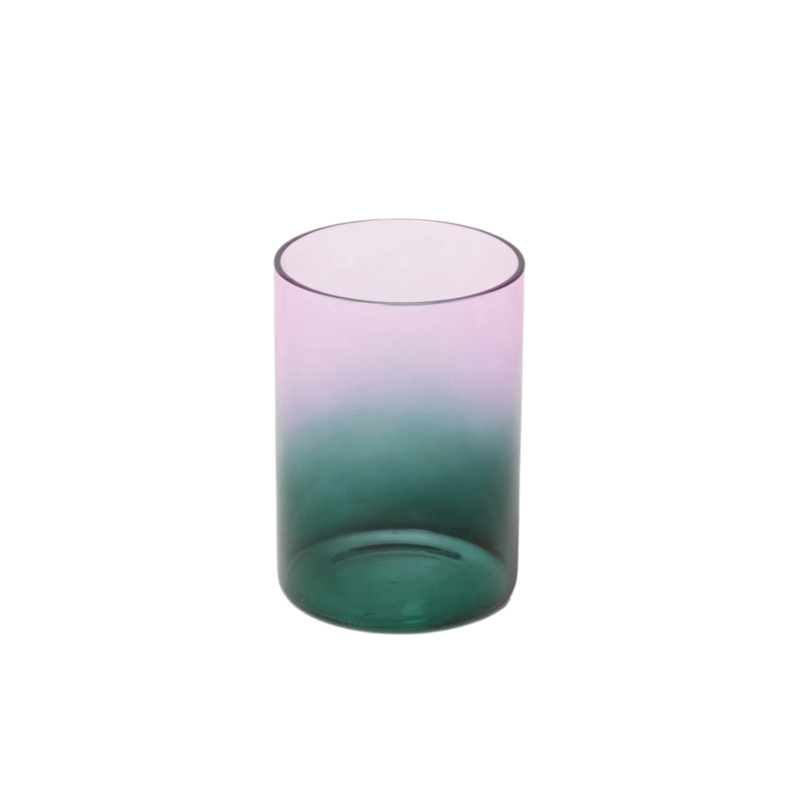 Gradient glass tumbler transitioning from purple to green on a white background