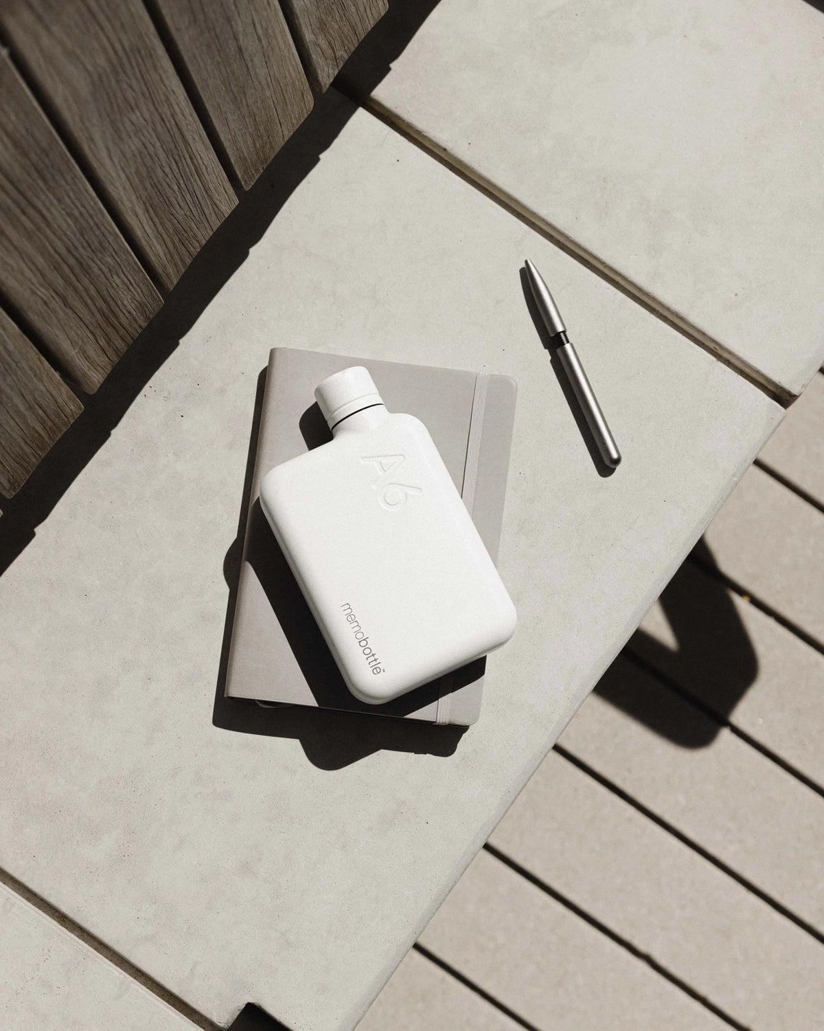 White water bottle on top of a journal