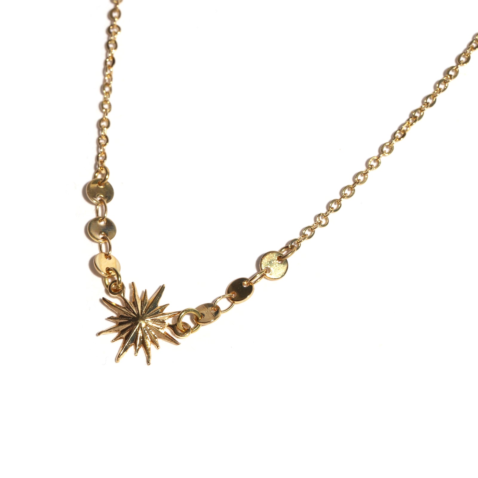 Gold necklace with star-shaped pendant on a white background