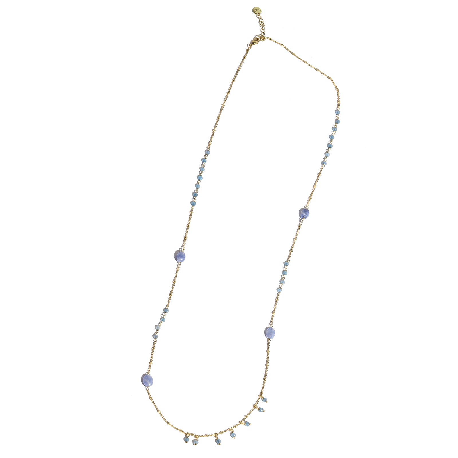Necklace with blue beads on a white background