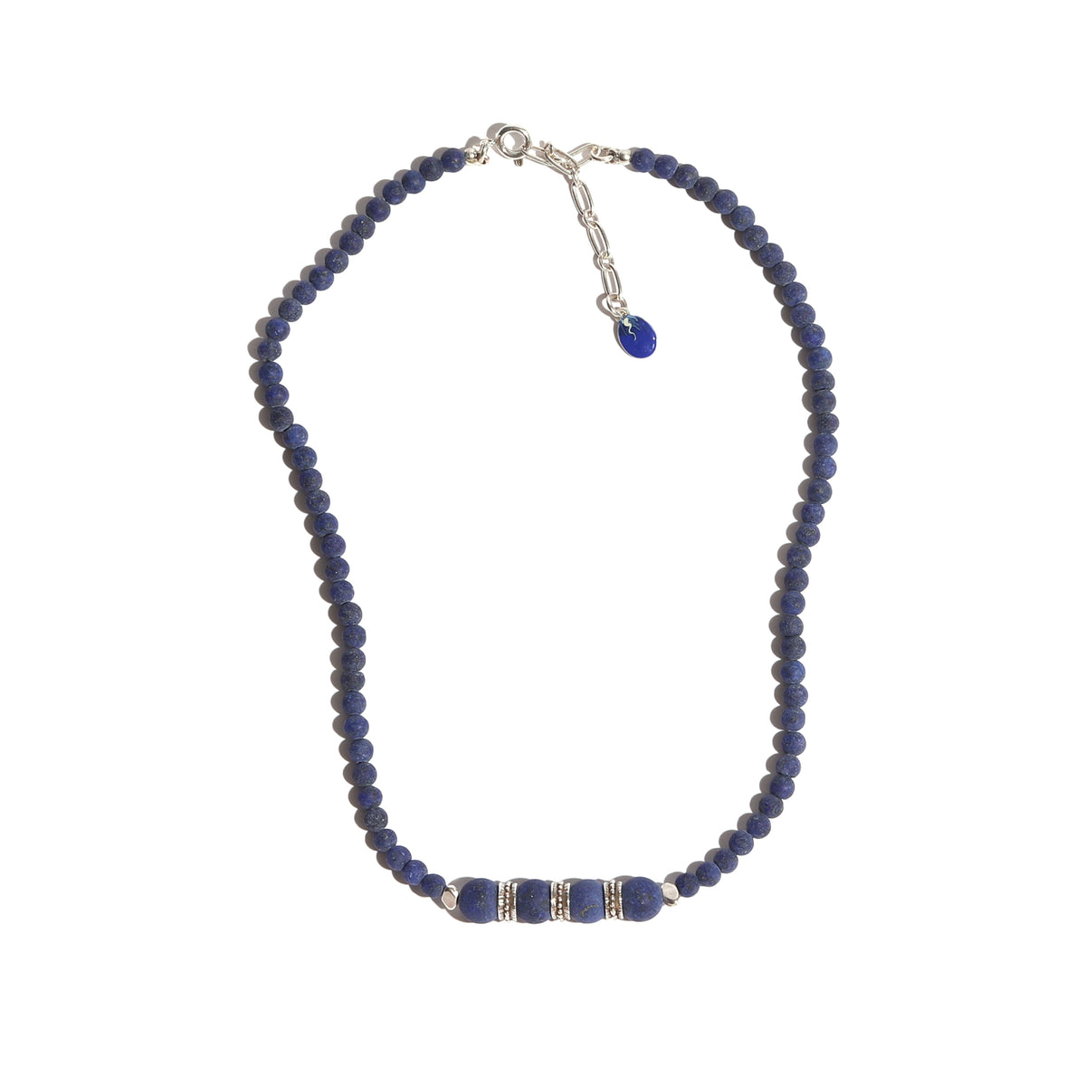Necklace with blue beads on a white background