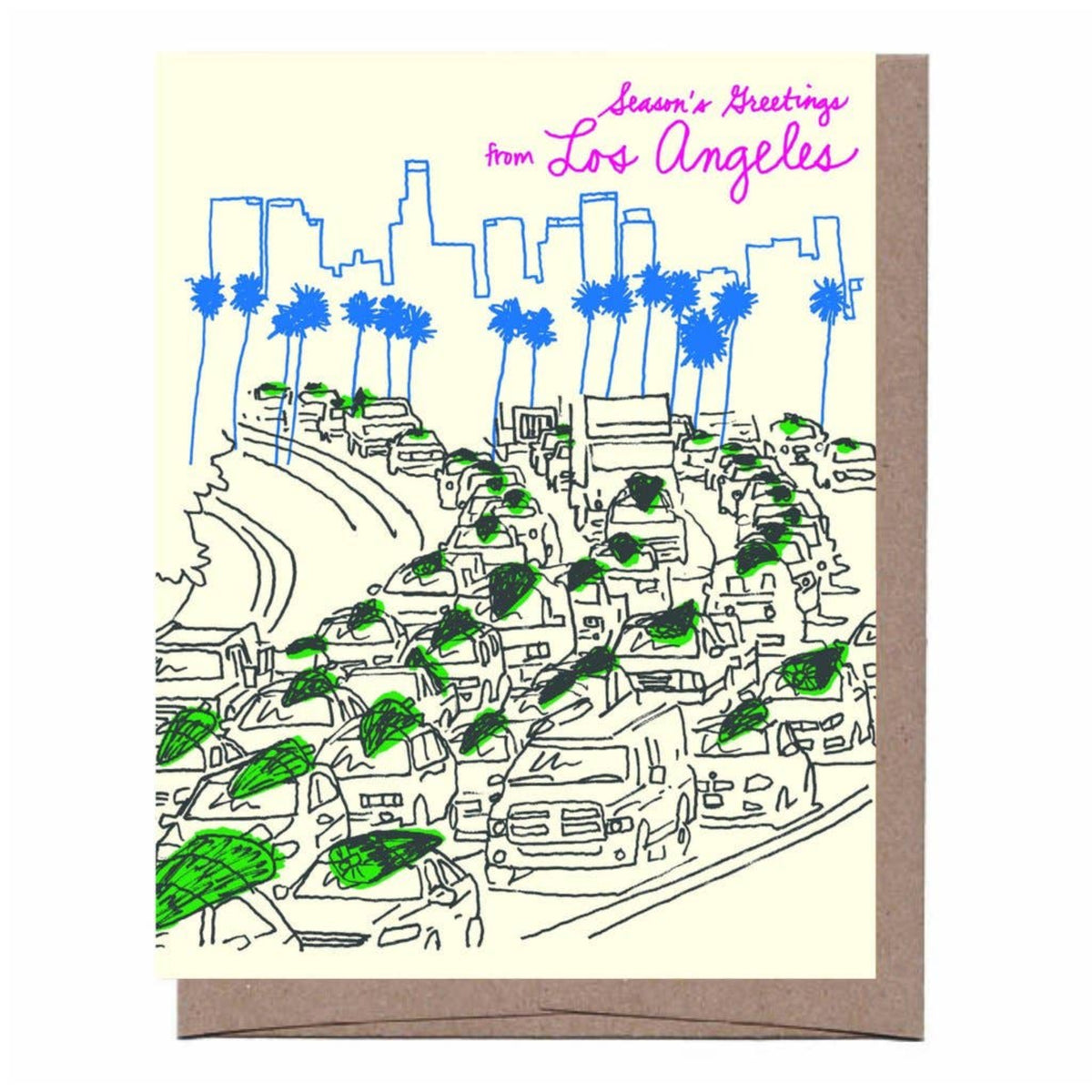 A greeting card featuring a hand-drawn sketch of a Los Angeles street scene with palm trees, cars, and a skyline, with the text 'Season's Greetings from Los Angeles' in pink at the top. The card is shown with a brown kraft envelope behind it on a white background.