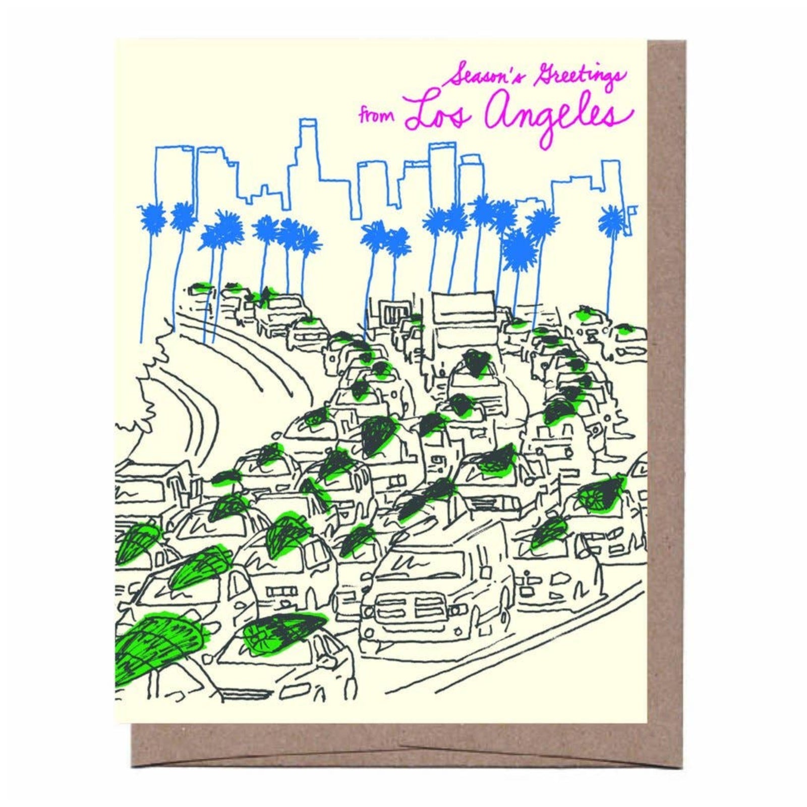 A greeting card featuring a hand-drawn sketch of a Los Angeles street scene with palm trees, cars, and a skyline, with the text 'Season's Greetings from Los Angeles' in pink at the top. The card is shown with a brown kraft envelope behind it on a white background.