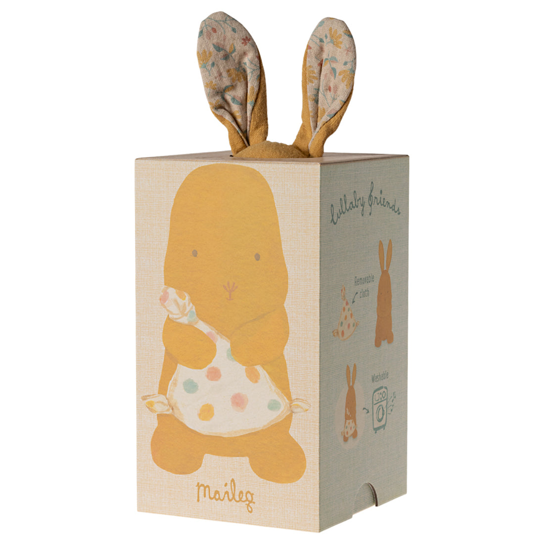 Brown plush rabbit toy with a white blanket on a white background