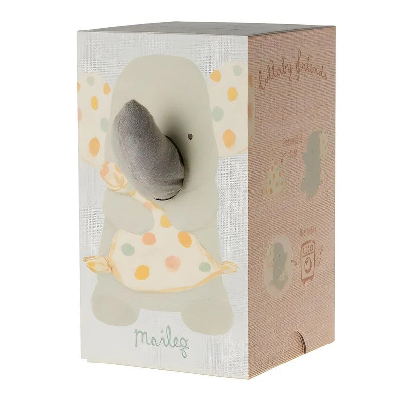 Gray elephant plush toy with a blanket on a white background