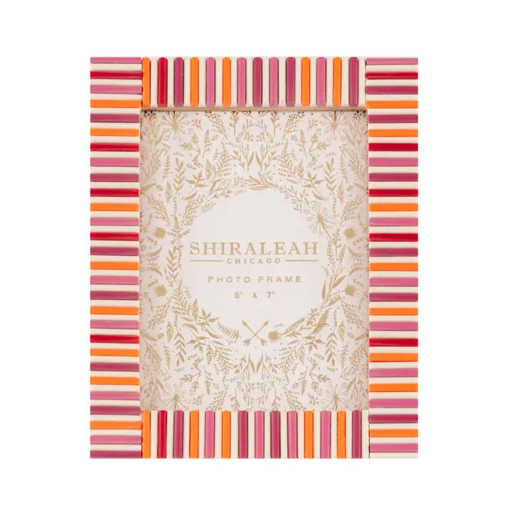 Colorful striped photo frame with 'Shiraleah' branding on a white background