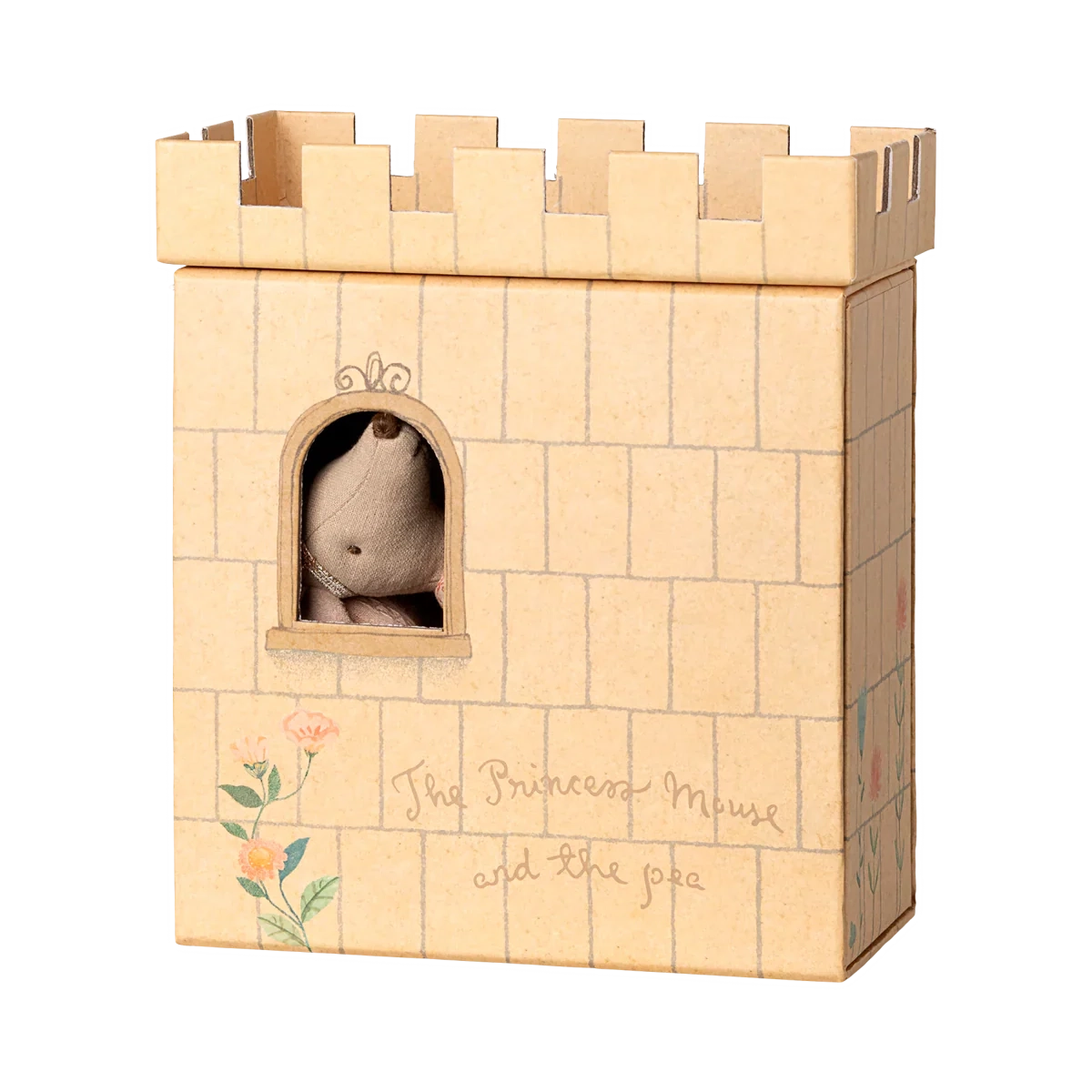 Cardboard castle toy with a small plush mouse inside, on a white background
