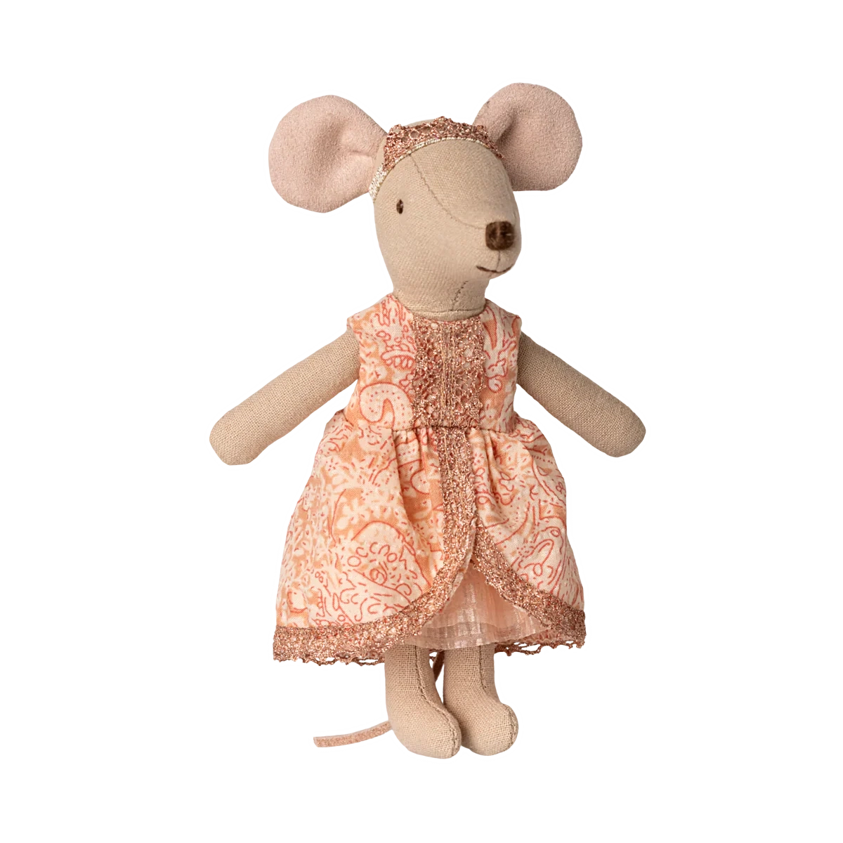 Stuffed mouse toy wearing a pink dress on a white background
