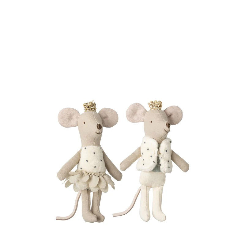 Two plush mouse toys with decorative outfits on a white background