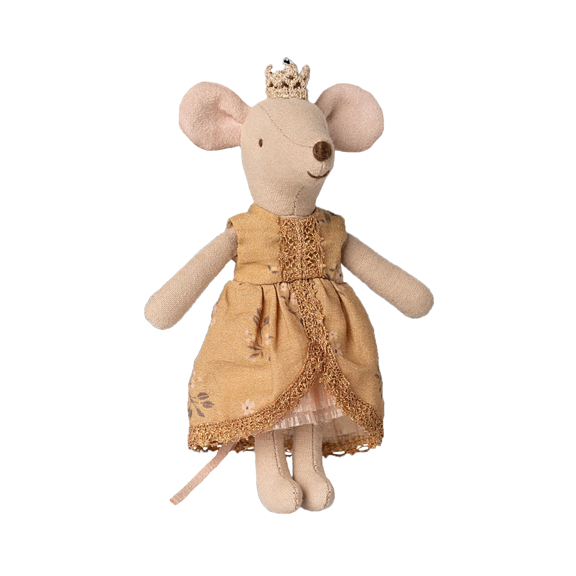 Stuffed mouse toy wearing a gold dress and crown on a white background