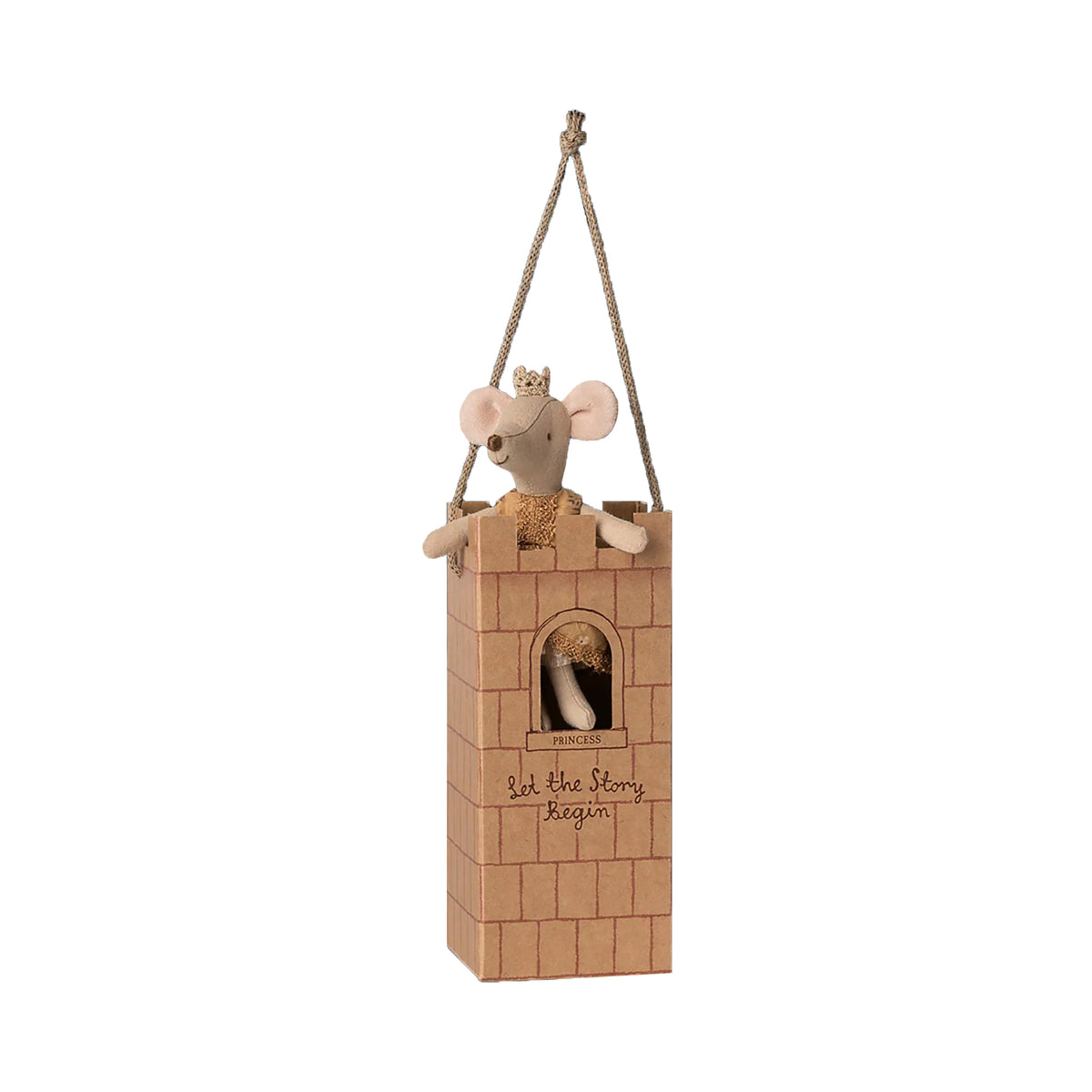 Decorative mouse in a tower with a rope on a white background