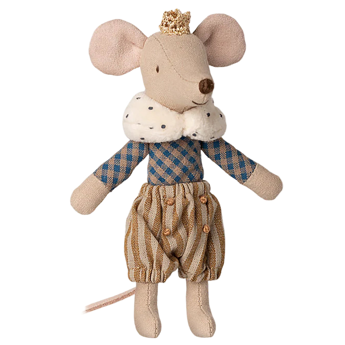 Stuffed toy mouse in a plaid outfit with a white background