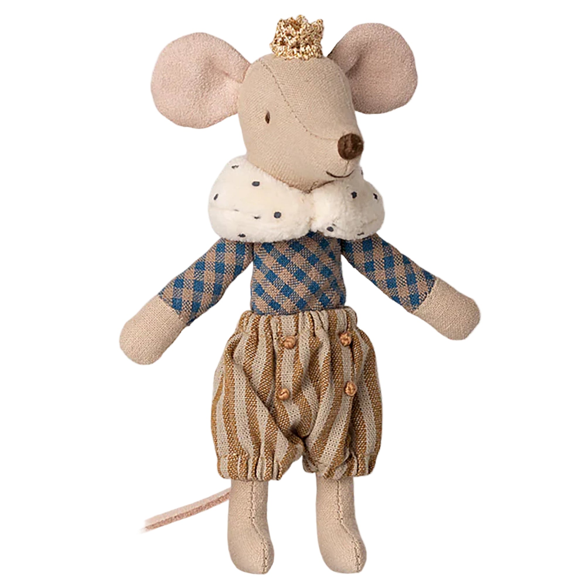 Stuffed toy mouse in a plaid outfit with a white background