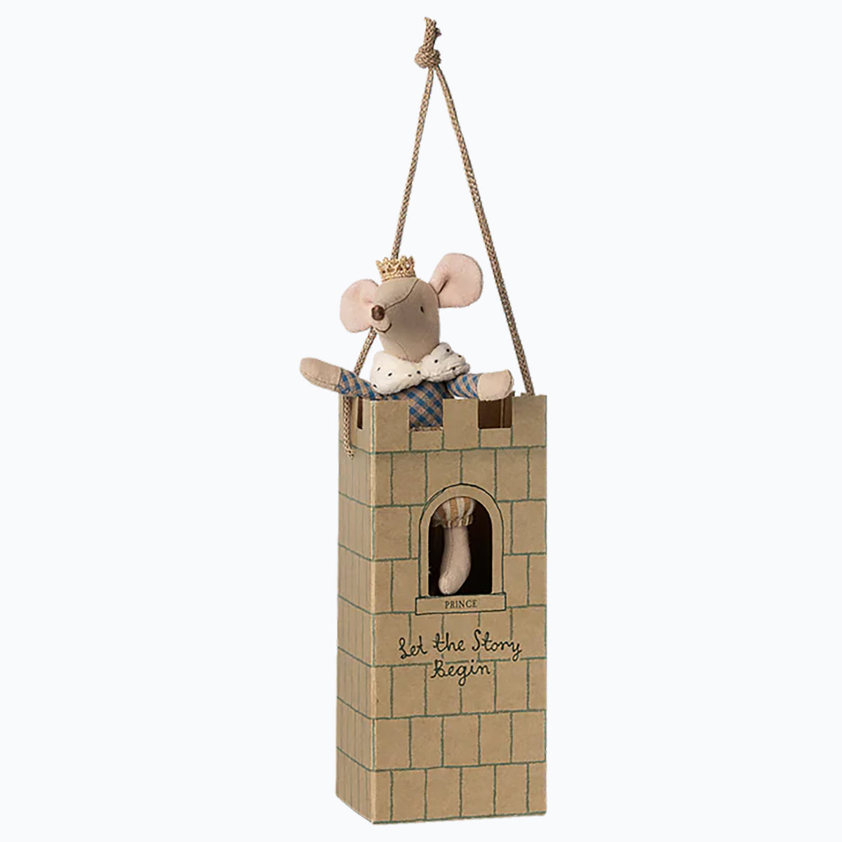Decorative mouse in a castle tower with a rope on a white background