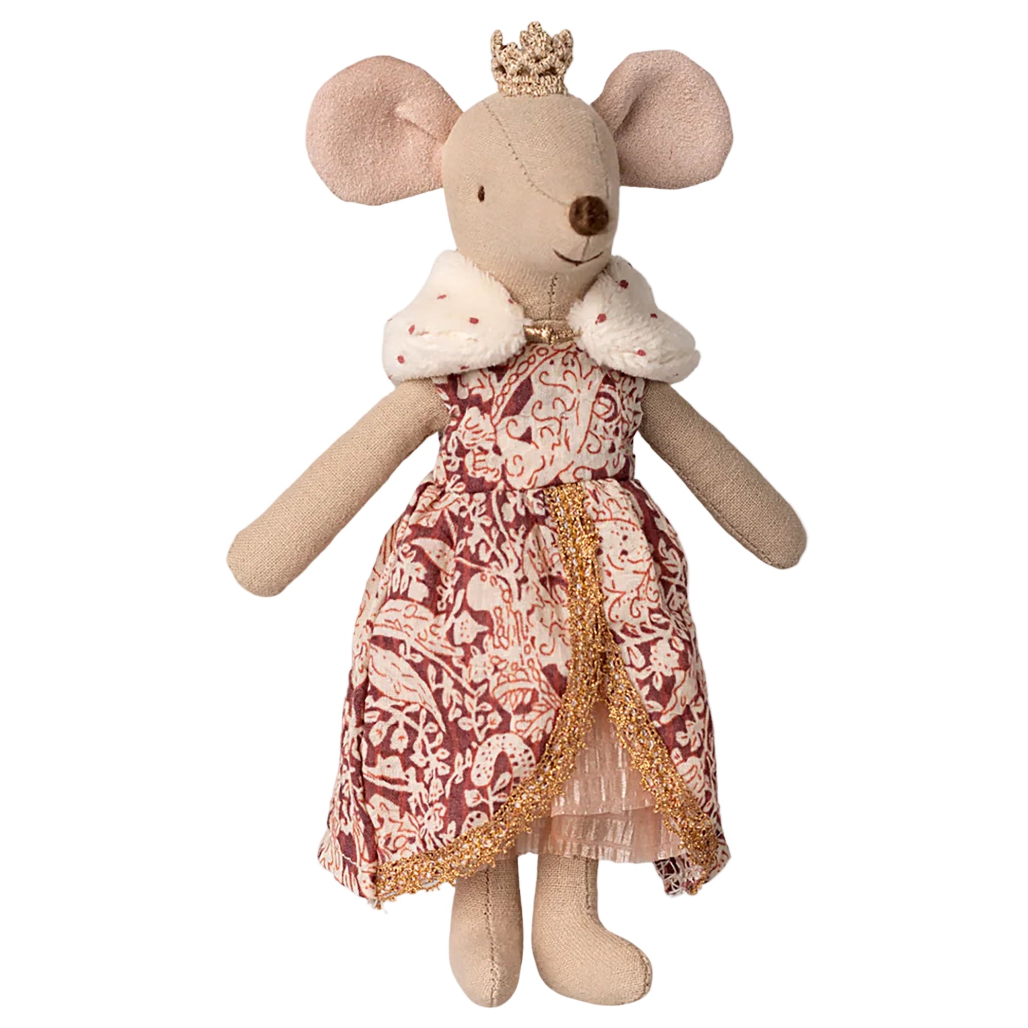 Stuffed mouse toy wearing a patterned dress and crown on a white background