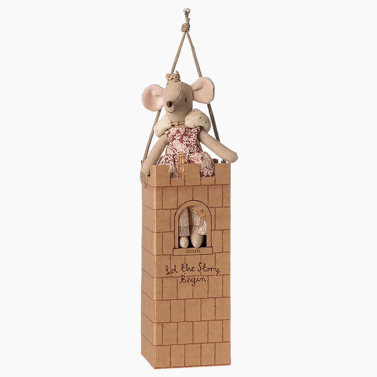 Decorative mouse figure in a wooden castle with 'Let the Story Begin' text on a white background