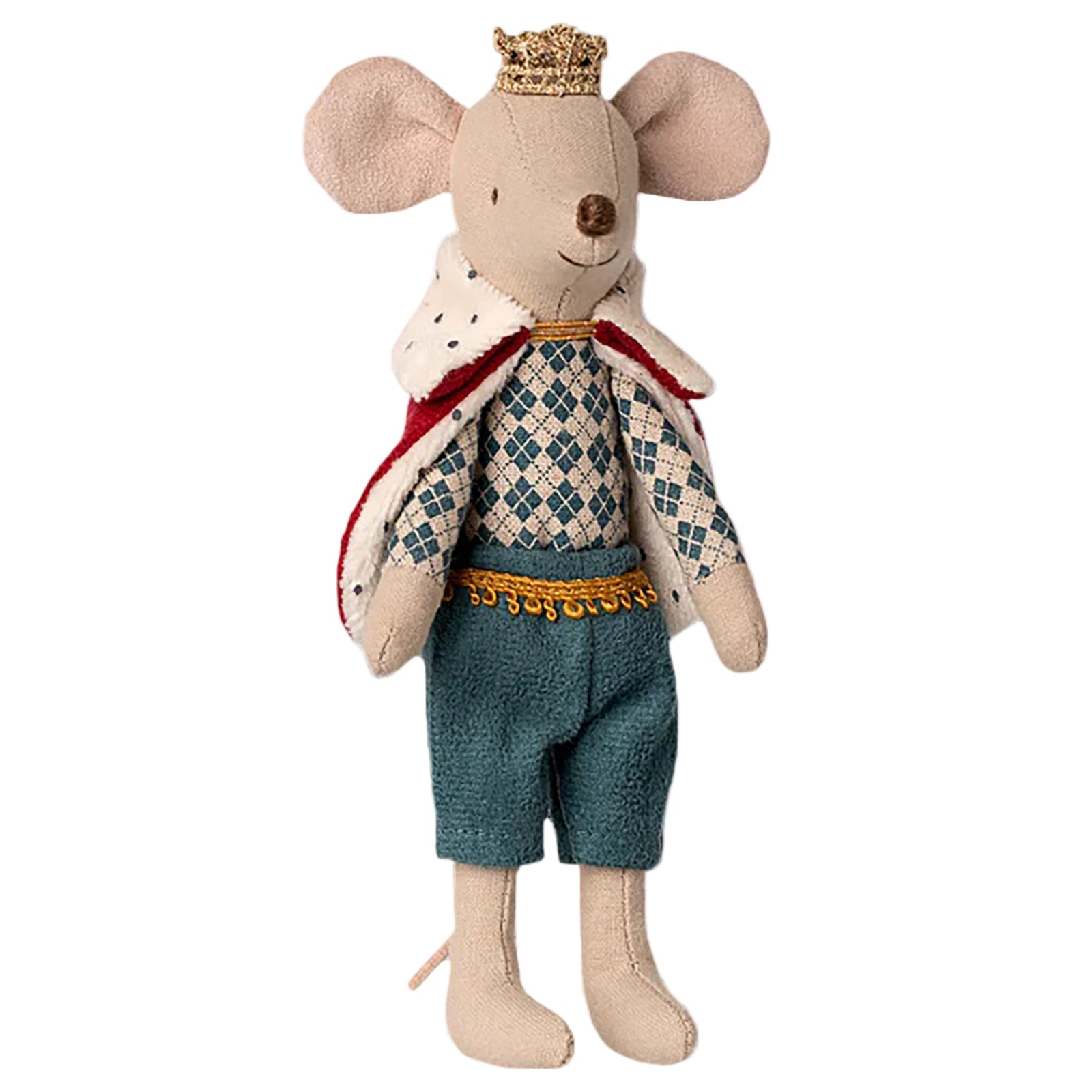 Stuffed toy mouse dressed as a king with a crown, vest, and shorts on a white background