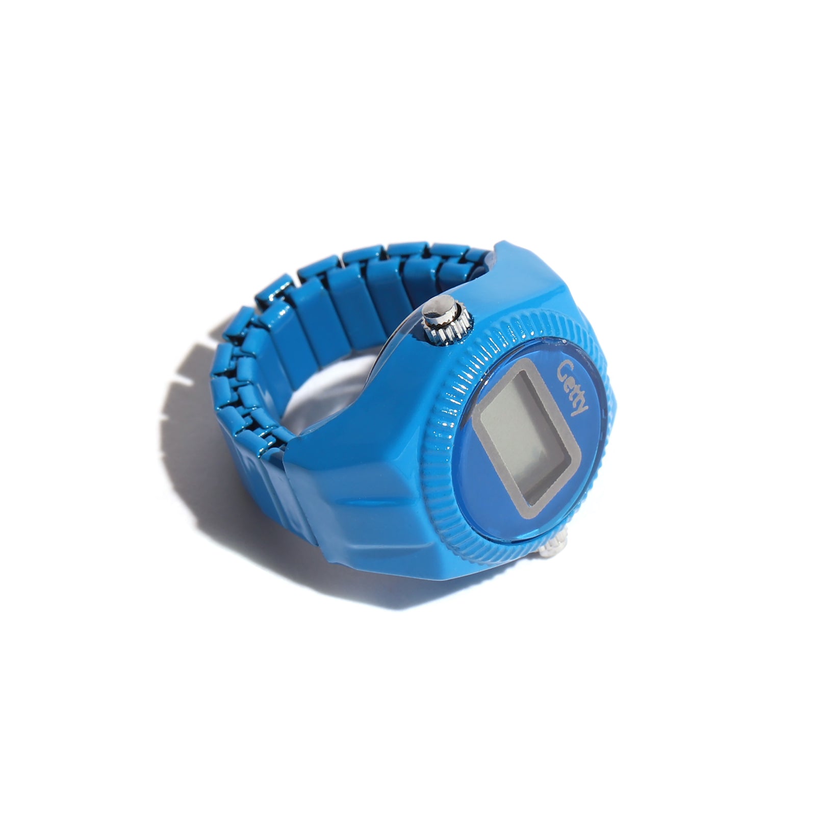 Blue digital watch on a white background